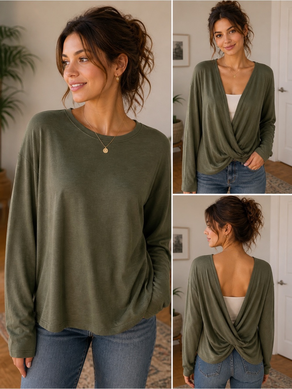 Lovely Day Green Draped Open Back Sweater Top Size Medium